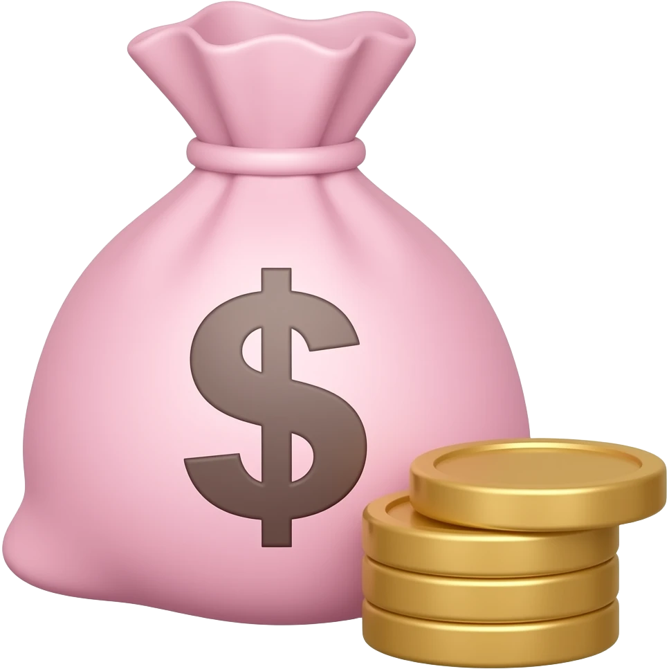 elegant pink money bag with no sign and 3 coins on top of each other beside the bag emoji