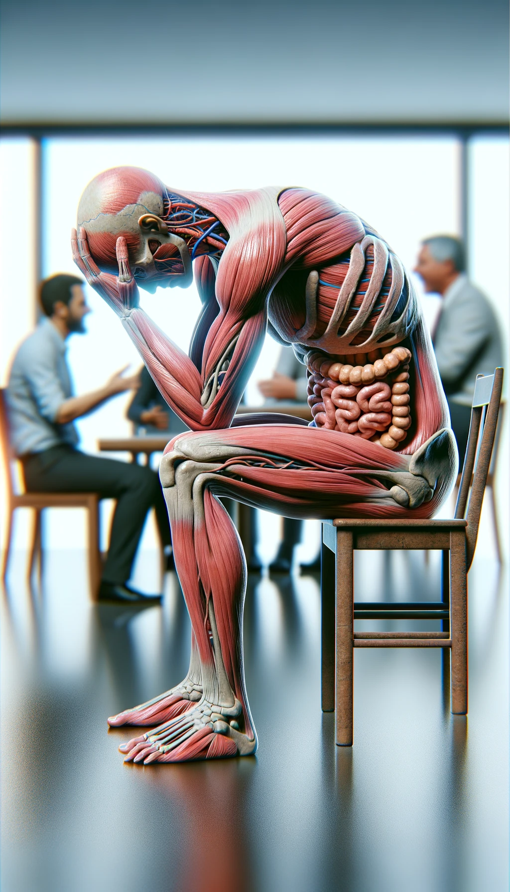 CORPO UMANO ANATOMICO SEDUTO a casa sua con intestinoa anatomico visibile CON PERSONE SFOCATE SULLO SFONDO CHE GLI PARLANO contro E LO ASSILLANO, LUI SI TIENE LE MANI SULLA TESTA ED è MOLTO STANCO E STRESSATO: non riesce ad ascoltare tutti quelli che gli stanno parlando, IPERREALISTICO 4K emoji