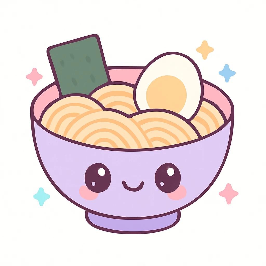 ramen with egg and seaweed, kawaii face emoji