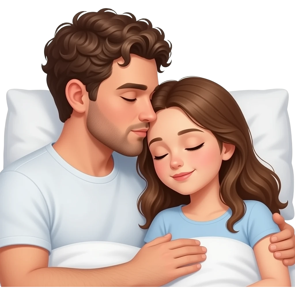 Realistic white man brown super short curly hair with beard kissing while sleeping in bed realistic white girl brown hair emoji