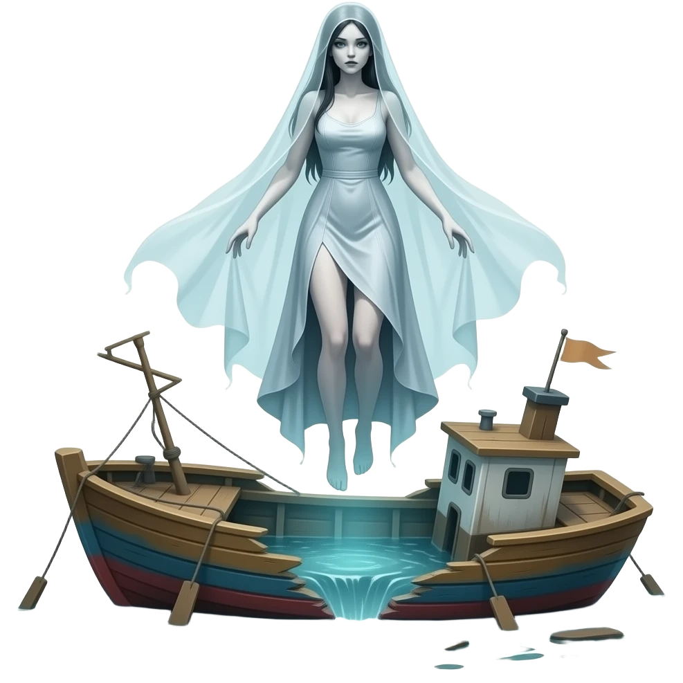 victorian style - a broken boat with a terrifying female apparition around which a transparent veil flutters hovers emoji