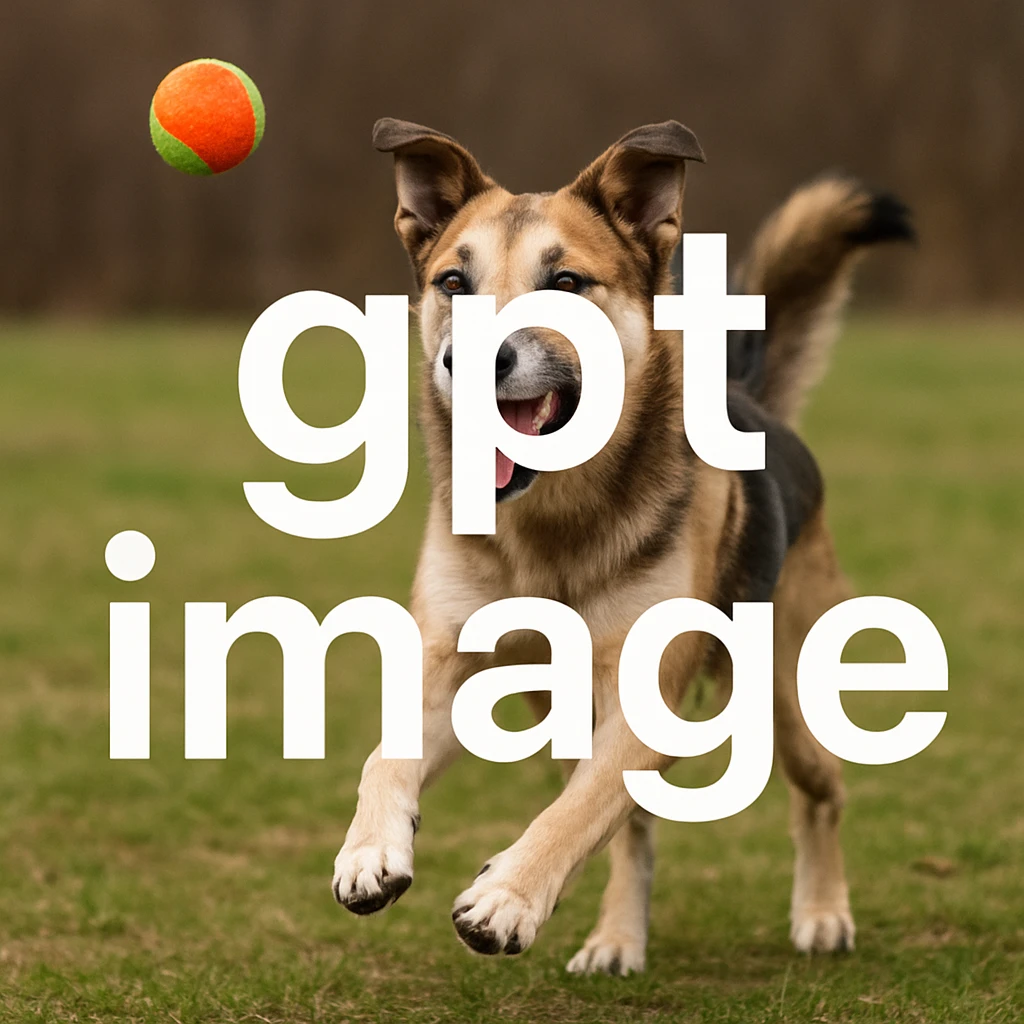 logo with text "gpt image" on the background of a dog chasing ball, realistic image emoji