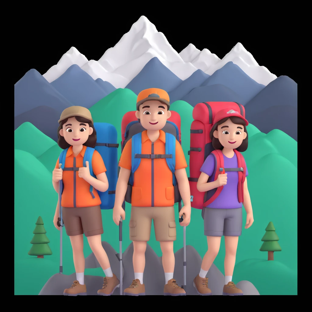 back packer couple posing, mountains in background,   close up pose emoji