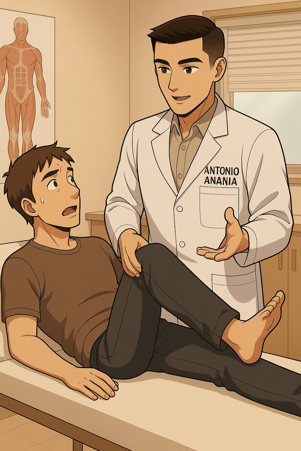 fai un webtoon manga a colori con questo stile, in cui un uomo è steso sul lettino medico e il kinesiologo con il camice bianco (fagli anche la scritta "ANTONIO ANANIA" SUL CAMICE, gli solleva una gamba per fargli il test neuromuscolare, IL KINESIOLOGO SPIEGA ALL'UOMO UNA cosa mentre gli alza la gamba. non fare i fumetti però, fai solo in modo che sembri stiano parlando, il lettino fai in modo che si veda tutto intero emoji