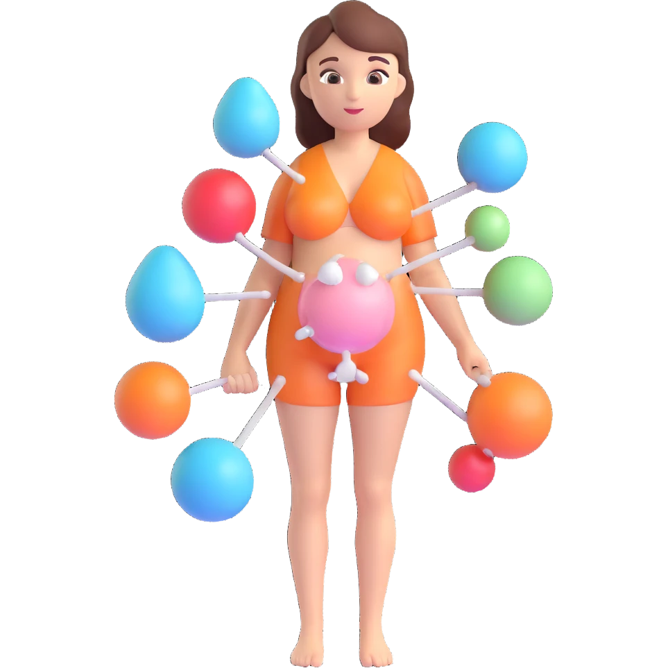 symbolic 3D PCOS icon, stylized woman with elements representing polycystic ovaries, 3D effect, realistic and modern style, light colors, no background, aspect ratio 2:3 emoji