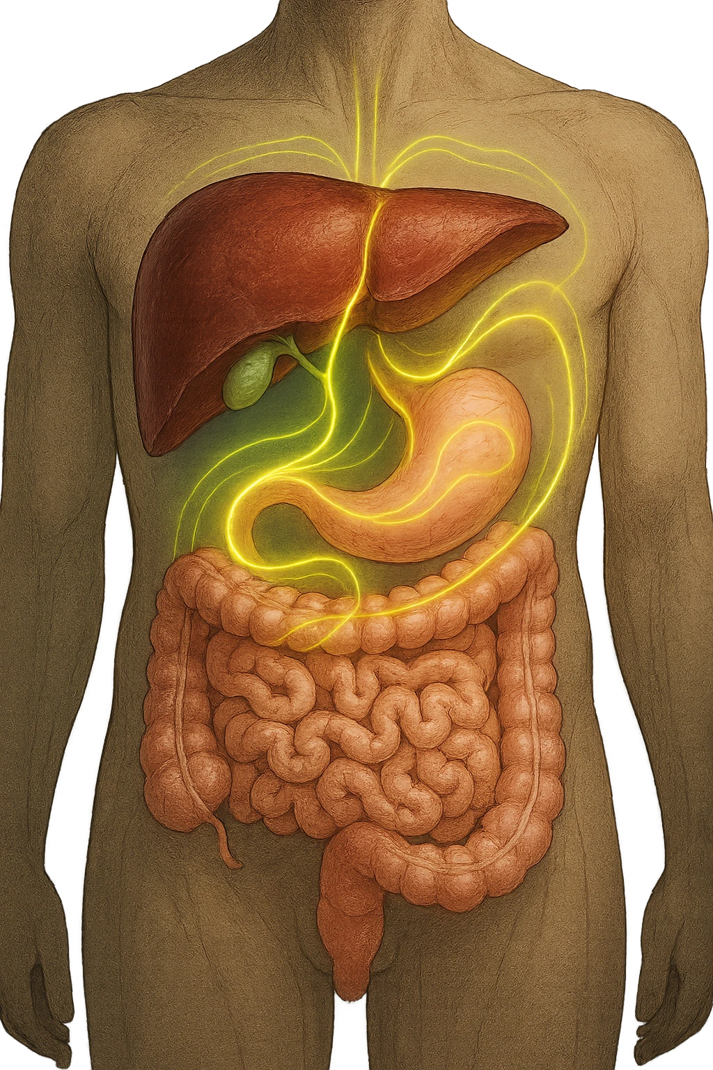 A detailed anatomical illustration-style image focusing on the human torso, highlighting the liver, gallbladder (cistifellea), and intestines. The organs are shown with realistic textures and colors: the liver in deep reddish-brown, the gallbladder as a small greenish sac tucked under the liver, and the intestines in soft pinkish hues. Connecting these organs are glowing, semi-transparent lines or light trails in vibrant colors (e.g., bright yellow or green) that visually trace the functional and physiological links between them. The lines flow smoothly from the liver to the gallbladder and then down to the intestines, symbolizing bile flow and digestive processes. The background is a subtle dark gradient that enhances the brightness and clarity of the lines and organs. The style is a blend of medical illustration and modern digital art, clear, precise, and visually engaging emoji