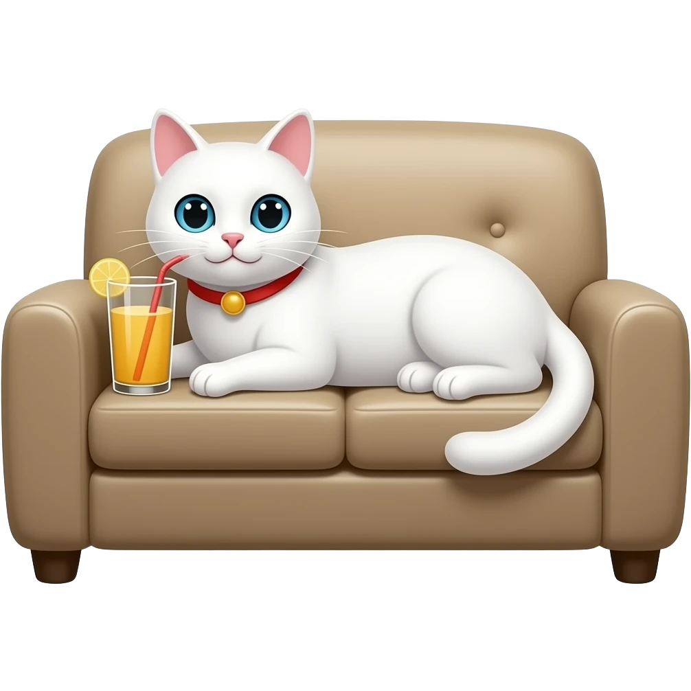 white cat on Couch with Drink emoji