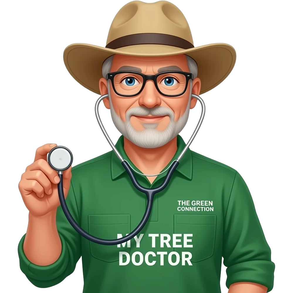 Friendly middle-aged man blue eyes. Dark rectangle glasses, in green-collared, long-sleeve shirt.  Flatter wider-brim Australian Akubru hat. Holding a stethoscope. Insert 'THE GREEN CONNECTION' in white directly onto the left pocket & onto the right pocket, place only the words 'MY TREE DOCTOR' emoji