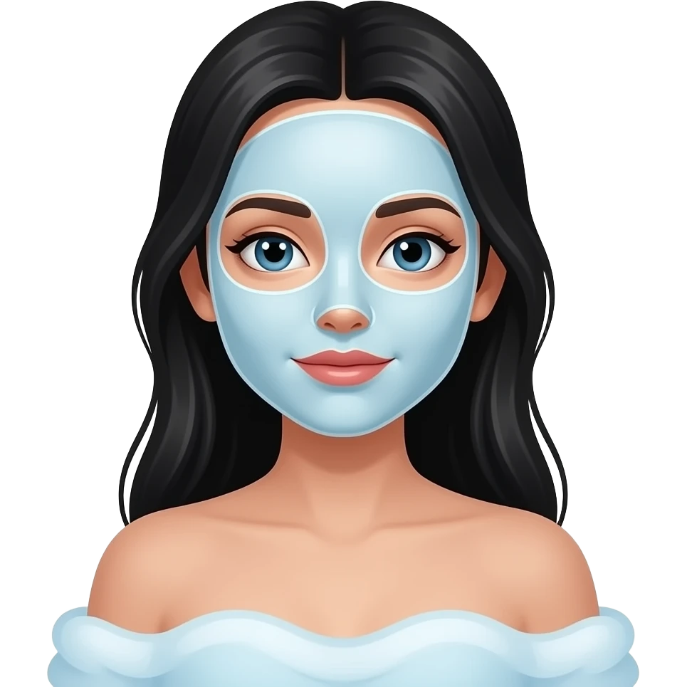 Menina em banho premiu com máscara de hidratação no rosto, cabelos pretos e longos emoji