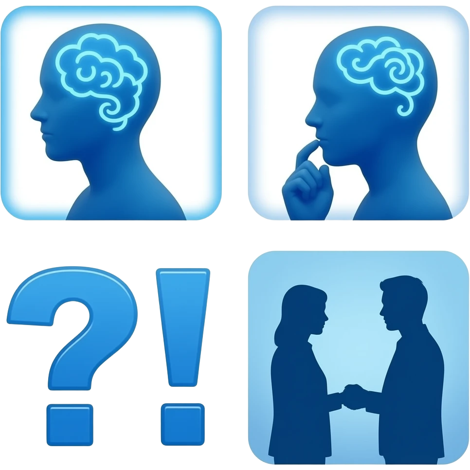 🗣 — Говорящая голова (дискуссия)
🤔💭 — Задумчивое лицо и мысли (рефлексия, интригующий вопрос)
👥 — Силуэты людей (встреча клуба)
❓❕ — Вопросы и восклицания (для интриги)


стиль картинок мультяшный, немного магии, цвет основной синий emoji