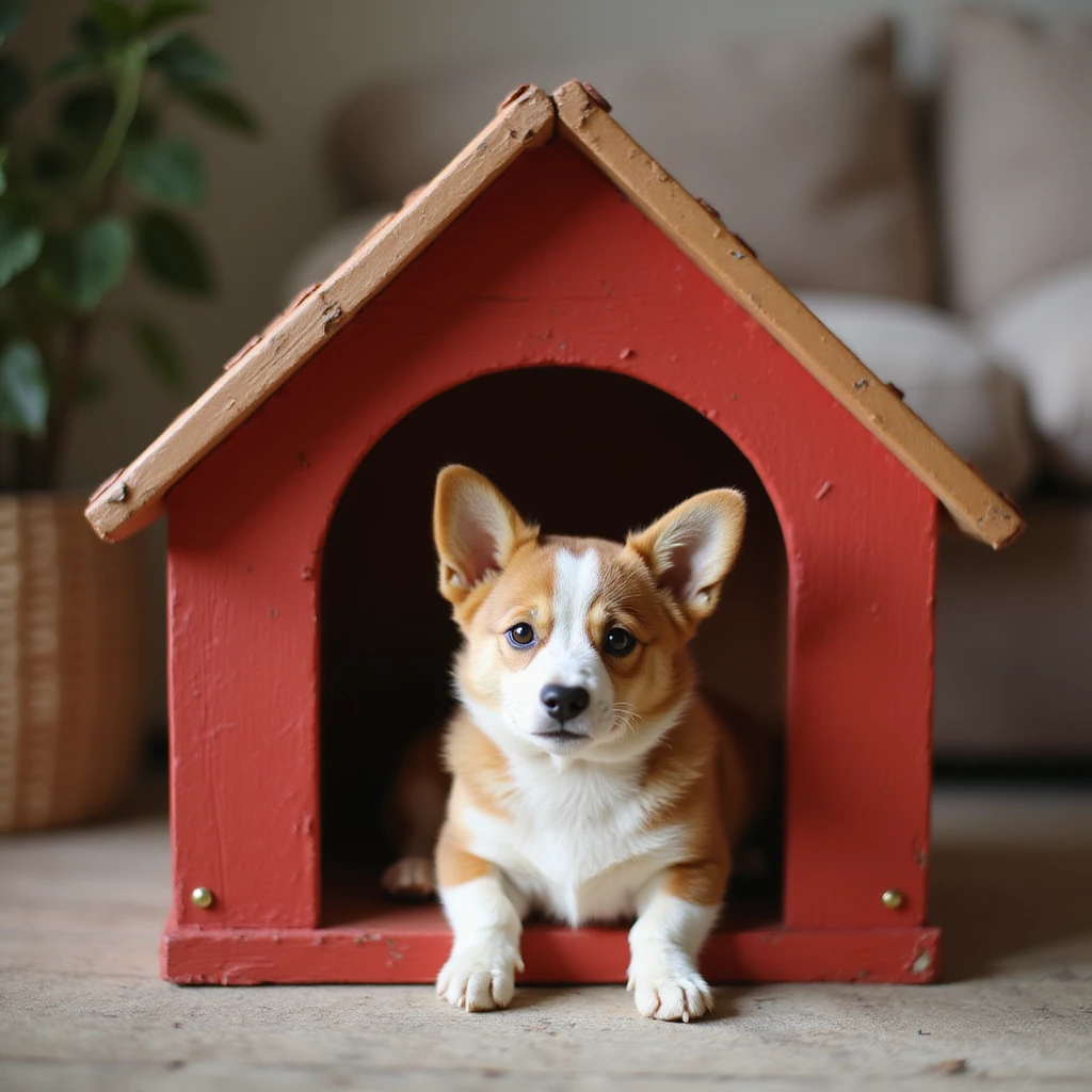 realistic red dog house with a Corgi dog inside, Corgi with a puppy, photorealistic style emoji