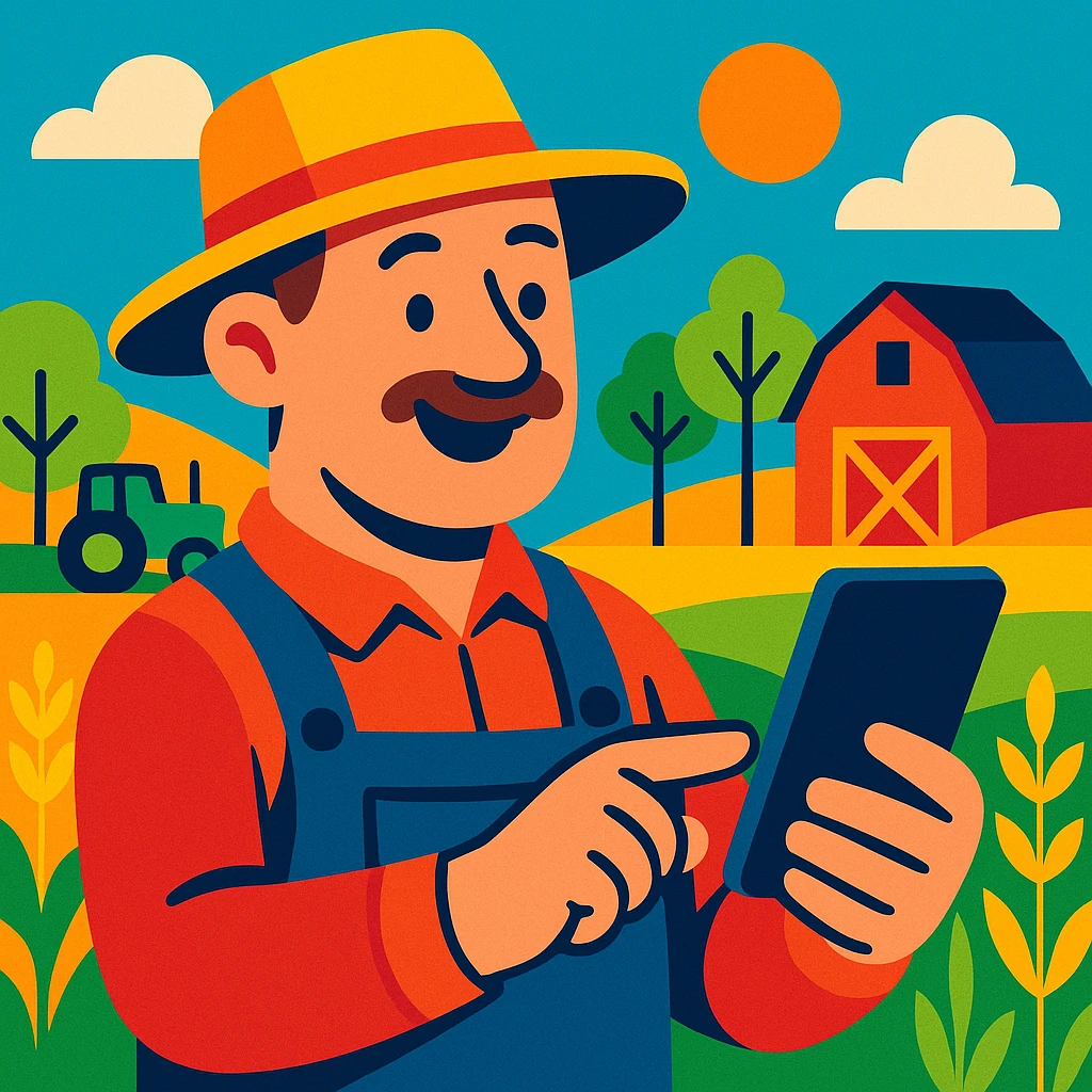 A farmer holding a smartphone, modern rural technology, simple background, vibrant colors. emoji