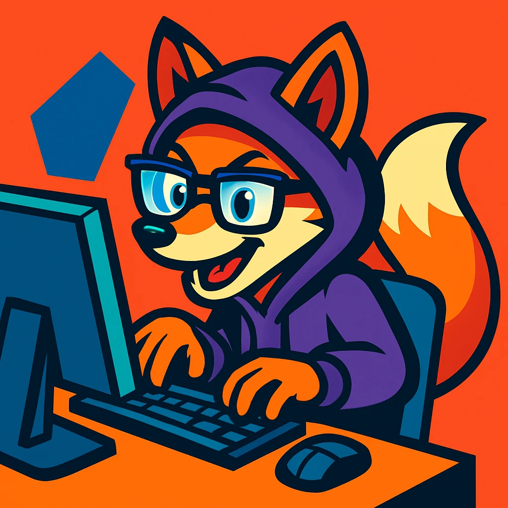 clever fox programmer-hacker wearing a hoodie and glasses, sitting at a computer, cartoon style, bright colors, dynamic pose, focus on the fox, minimalist background emoji