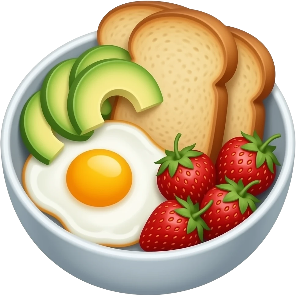bowl with sunny side eggs sourdough avocado strawberries emoji