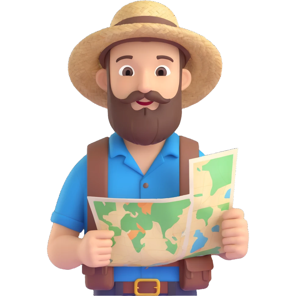 bearded traveler with a straw hat, holding a map, casual outfit emoji