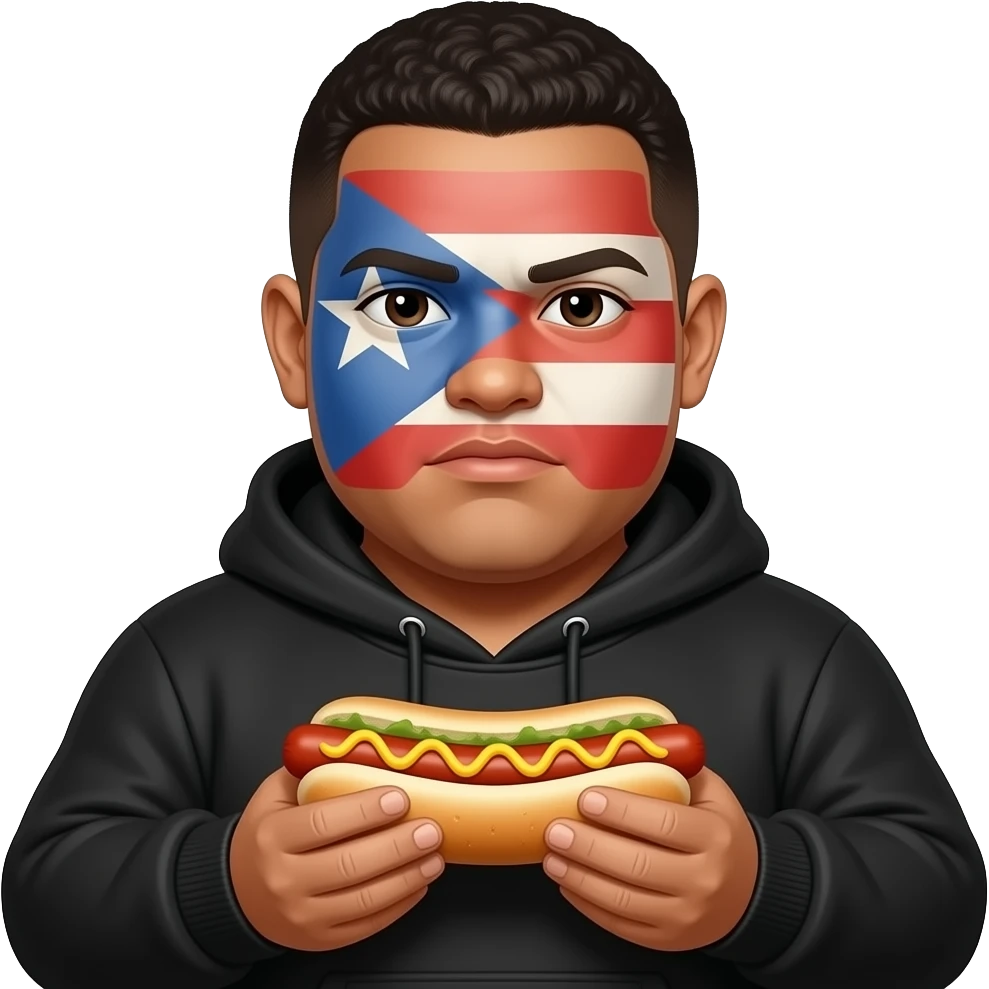 puerto rican light tan brown skin black hoodie short fro fat chubby with face fragmented collage face straight face ugly holding a hotdog emoji