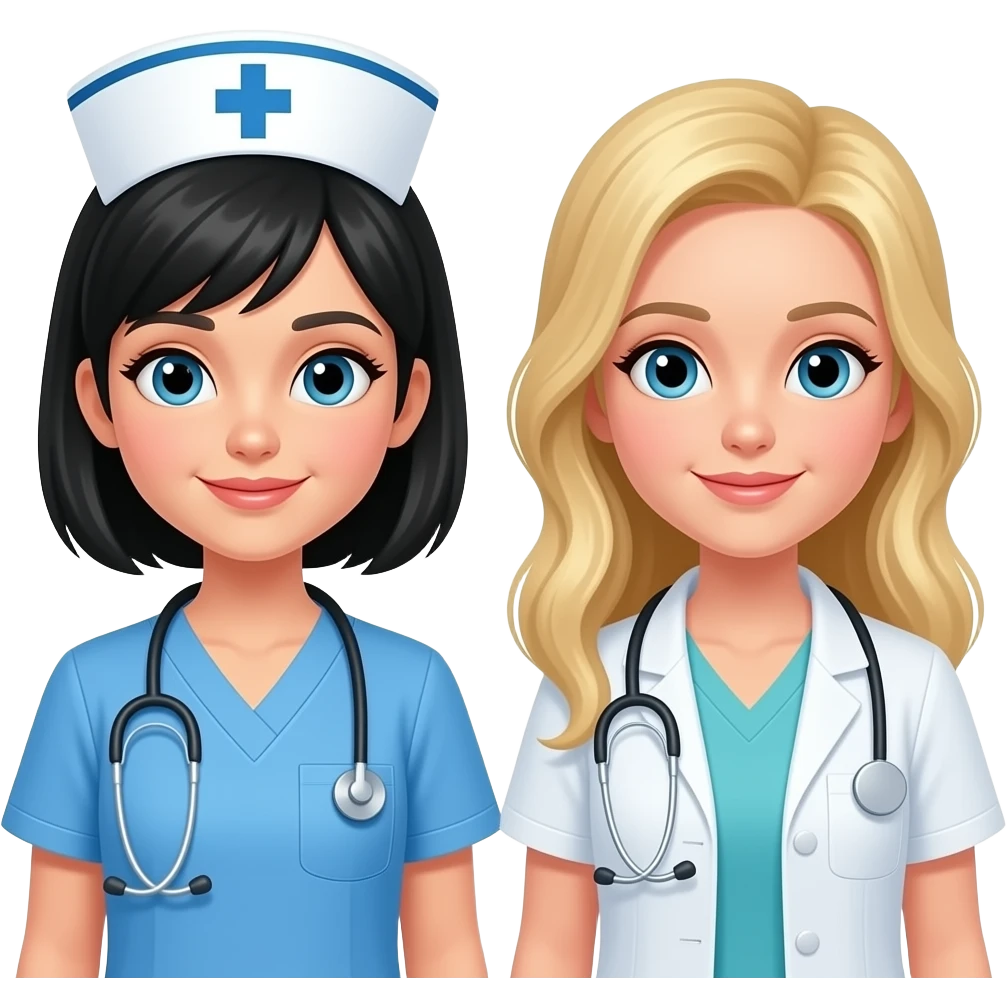 Necesito una imagen de una enfermera de piel blanca con pelo negro junto con una nutricionista rubia pelo largo pero que sean dos chicas emoji