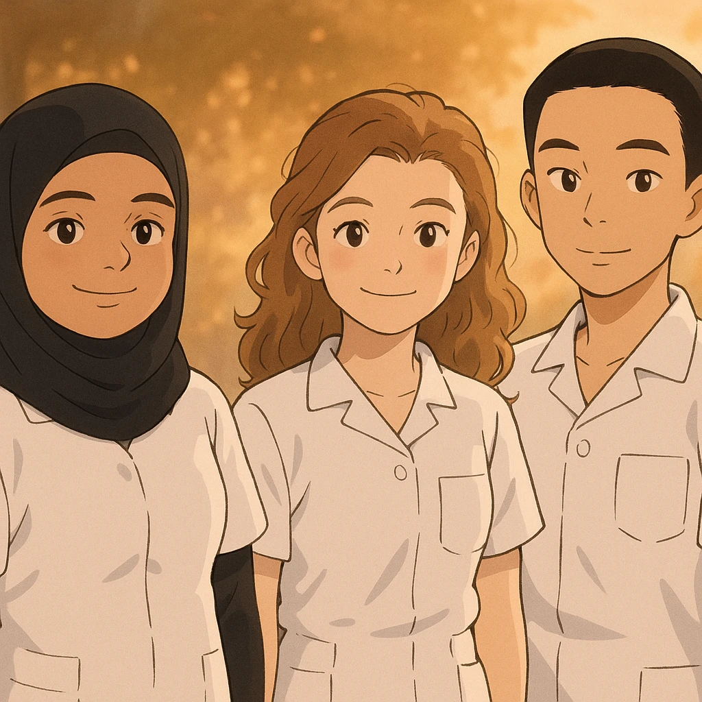 Illustrate four nursing students side by side in a warm atmosphere, wearing short-sleeved white uniforms without undershirts or stethoscopes, inspired by the four provided faces, in Ghibli style. emoji