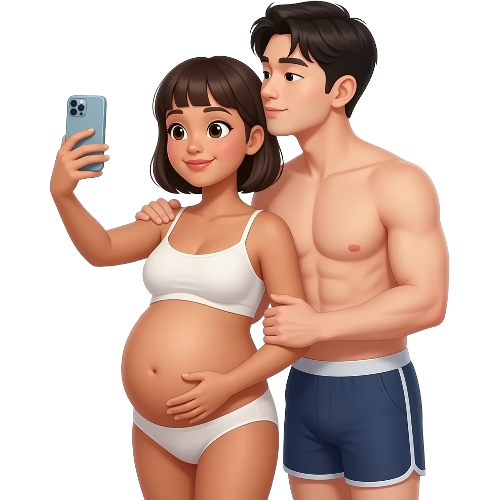 generate me a hot filipina with brown skin pregnant taking a mirror selfie with bangs and short hair with a hot korean guy with bangs hair besides her carrying her womb like doing a backhug. make them wear underwear. make the guy rest his head on the woman's shoulder like kissing her neck emoji