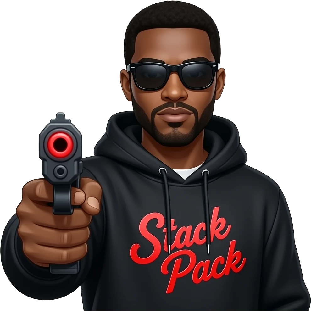 Black guy named Stackpack Louis Vuitton hoodie that says stack pack on it black shades on it with a laser gun make sure the font on the hoodie is cursive red lazer pointed at camera emoji