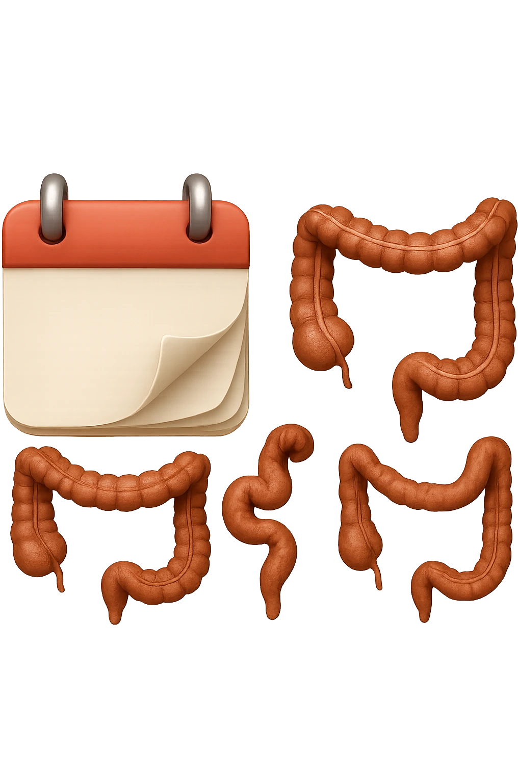 emoji stile iphone di un calendario con fogli che volano insieme a pezzi anatomici di colon umano, iperrealistico 4k, isolato su sfondo bianco emoji