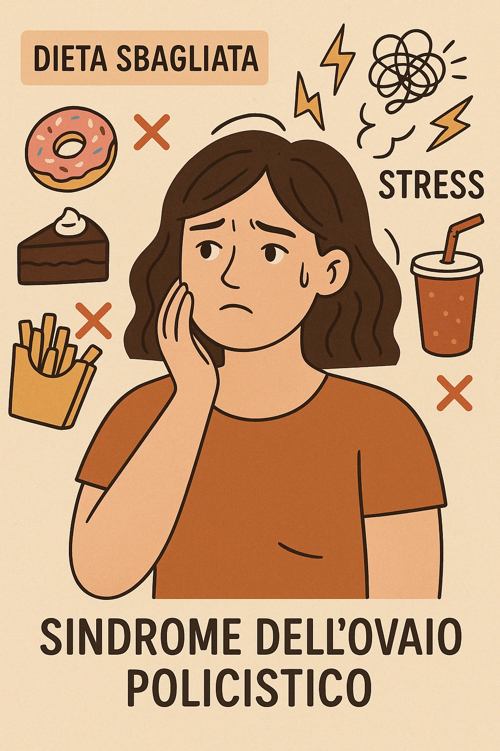 Donna con sindrome dell'ovaio policistico, dieta sbagliata e stress crescente, espressione preoccupata, simboli di errori alimentari, didascalie in italiano, aspect ratio 2:3 emoji