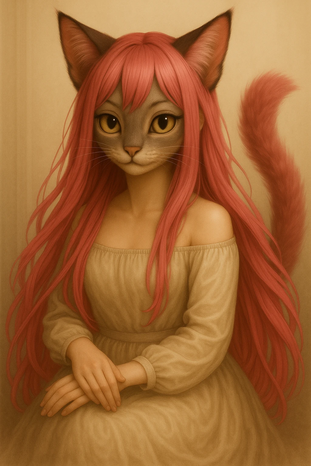 Make the hair a bright pink shade, maintaining the realistic anime catgirl look with strong cat-like features, preserving the style and details. emoji