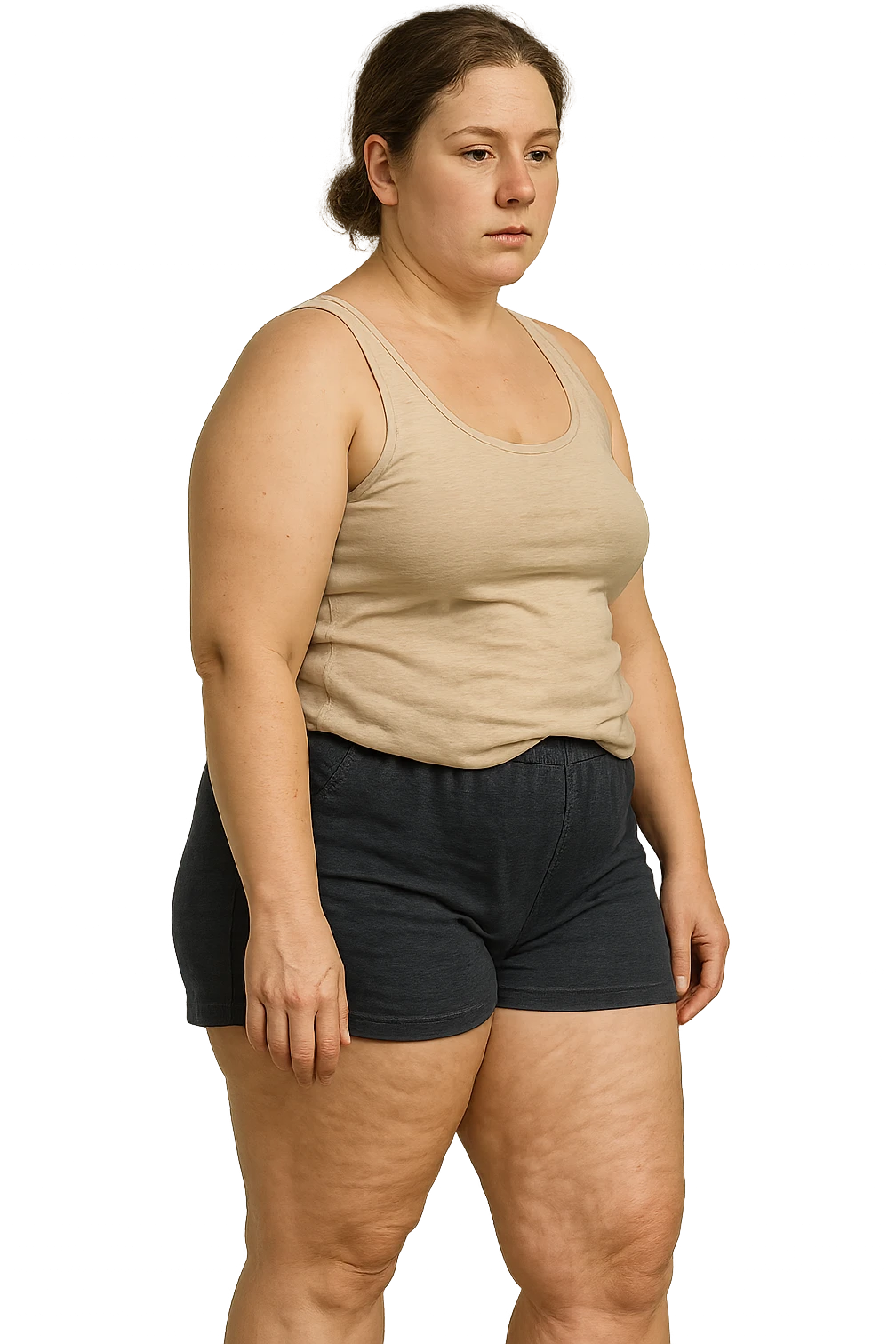 donna con inestetismi evidenti cellulite non troppo grassa e giovani sui 30 anni. in pantaloncini emoji
