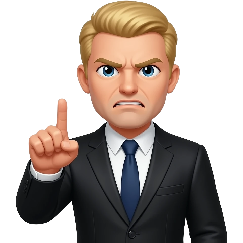 Emojis de alguien de un abogado con ropa elegante y con una corbata de azul oscuro enojado con cabello rubio una expresión cansada y enojada y a señalando emoji