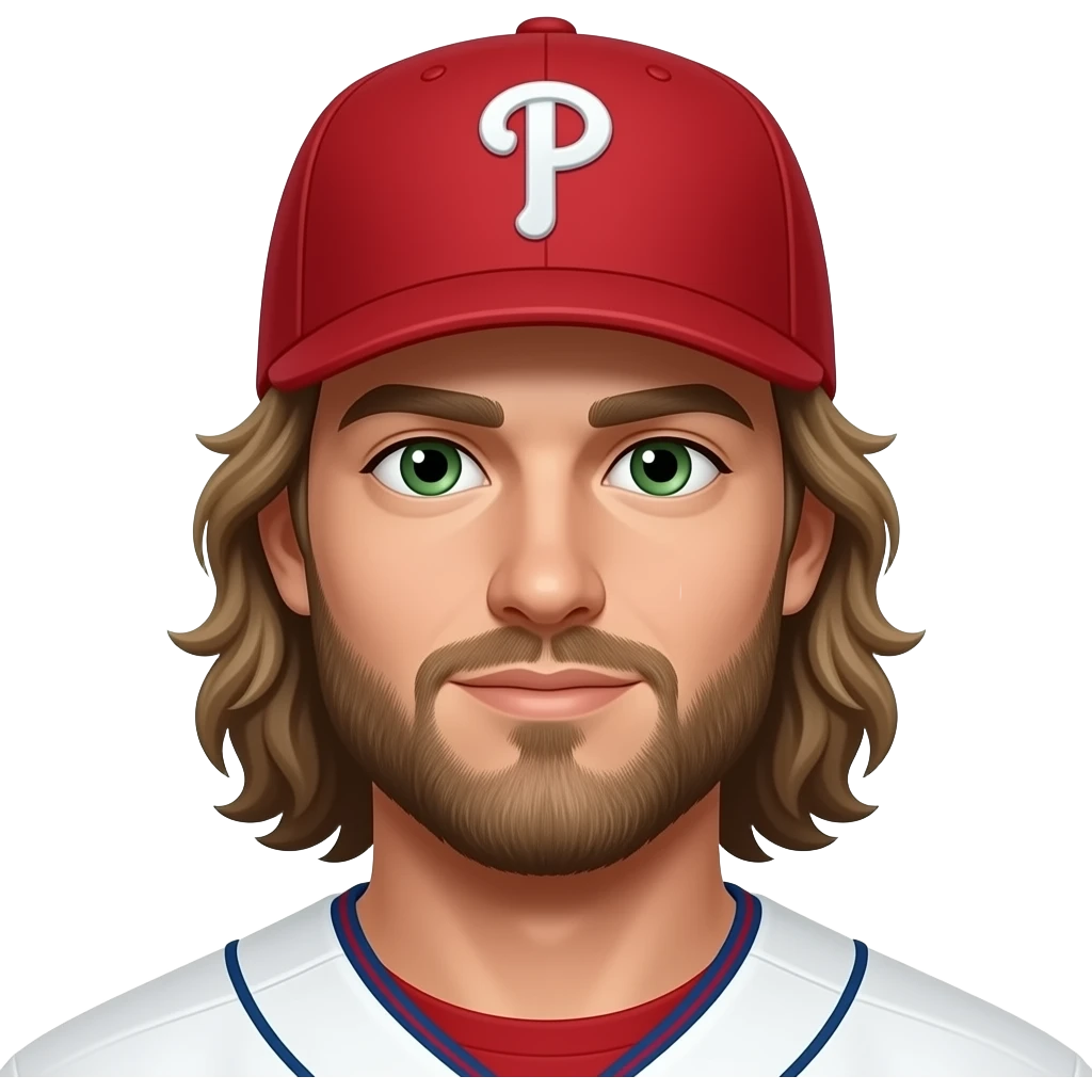 Red Phillies hat Long hair Brandon Marsh Phillies hat Light Brown long hair with scruffy long beard and green eyes emoji