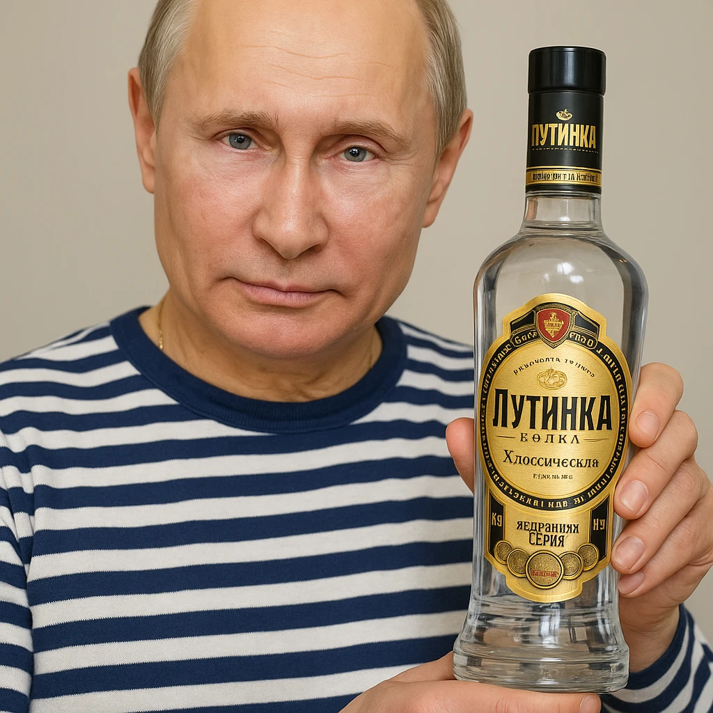 Сгенерируй мне как владимир путин в тельняжке держит эту водку, и на ней прям написанно Путинка emoji