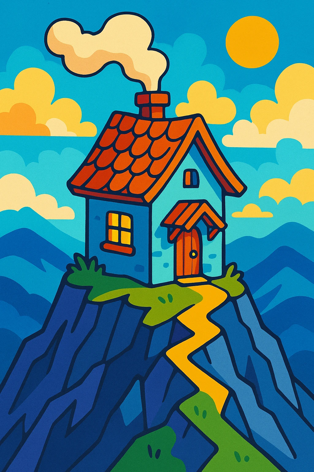 a small cottage perched on a mountain peak, whimsical, colorful emoji