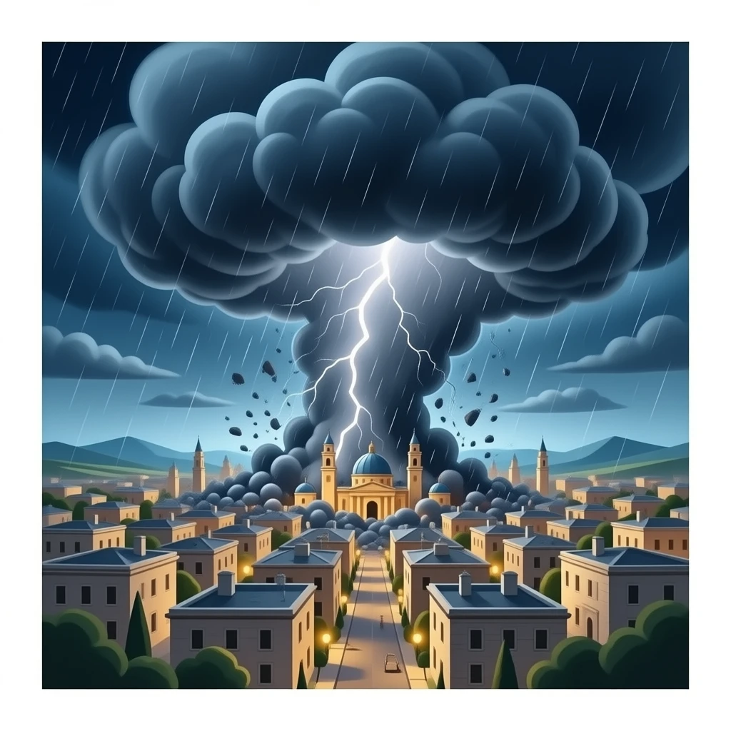 a city from biblical times. The sky is dark and ominous with golf ball sized hail destroying the town emoji