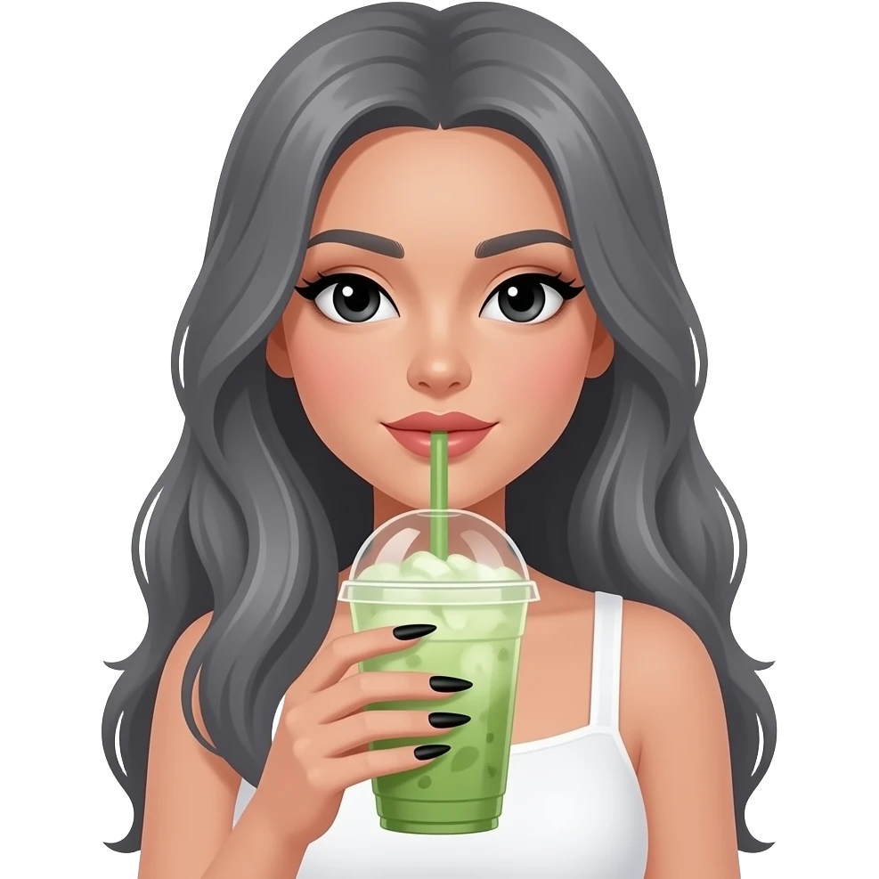 lady with black eyes and grey really long hair, long black nails and holding a big iced matcha, wearing a white top emoji