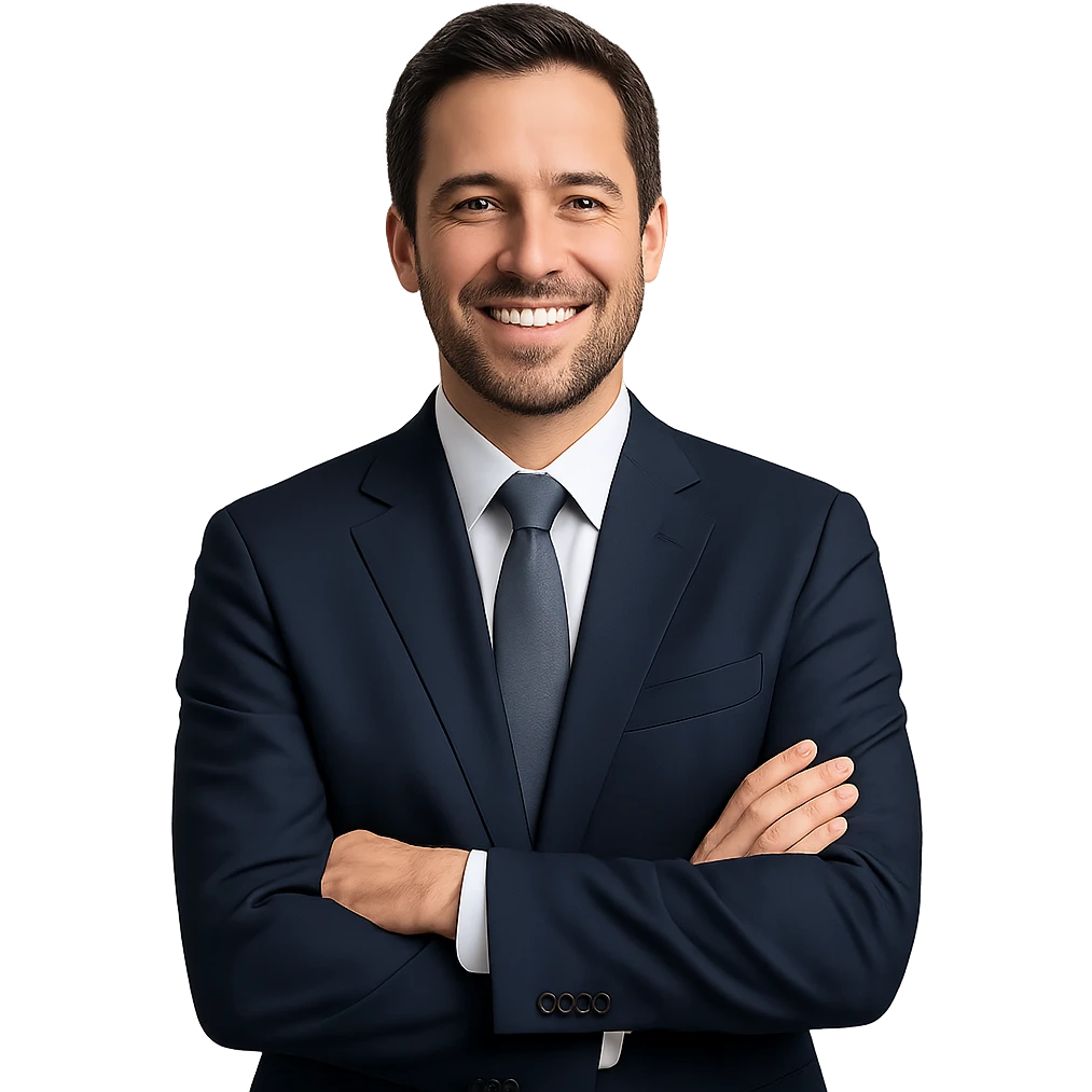 Make the businessman smile, keep the realistic style, and maintain a blank background. emoji