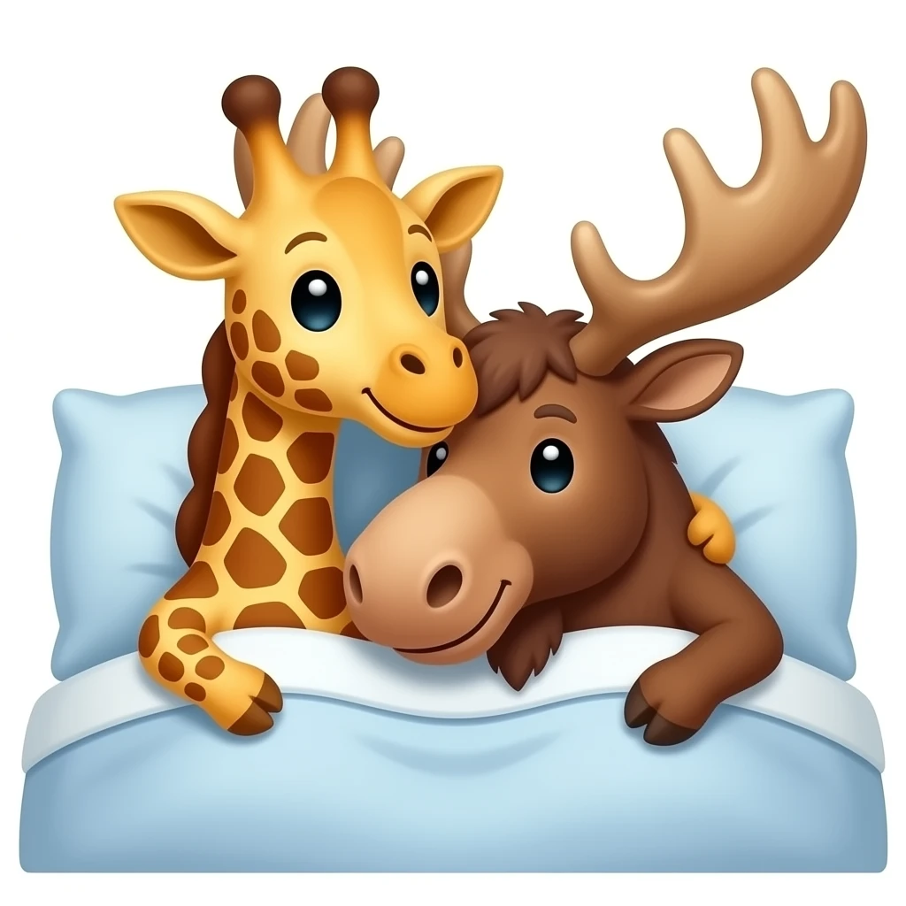 Einfacher Giraffenkopf und Elchkopf kuscheln im Bett emoji