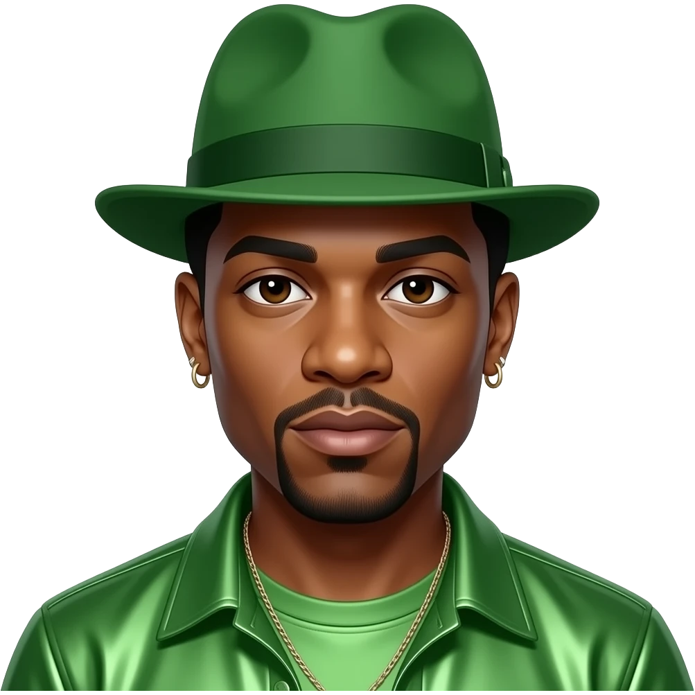 Andre 3000 from Outkast with dark brown eyes, black hair, green hat, green metallic shirt, necklace and earrings emoji