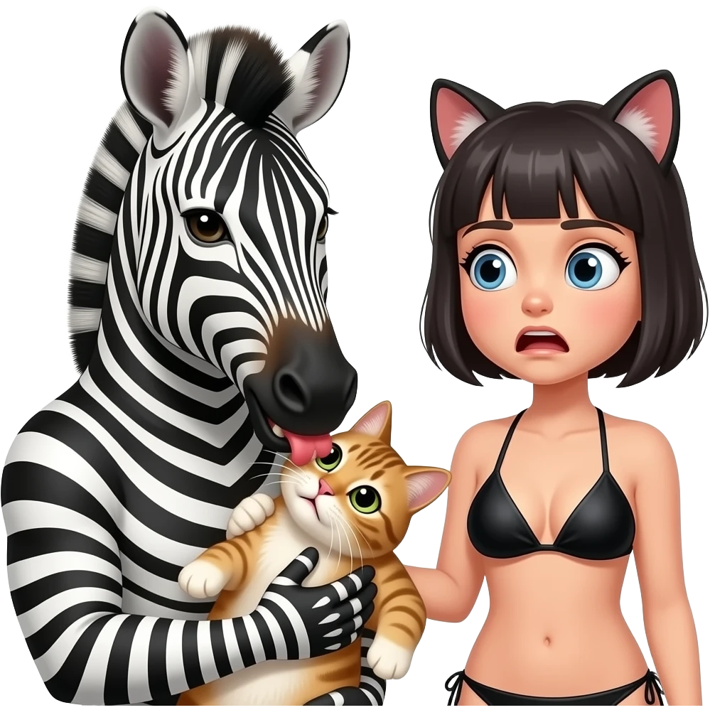 human zebra male biting the cat neck. a human girl cat wearing black bikini and a short hair. make the cat scared emoji