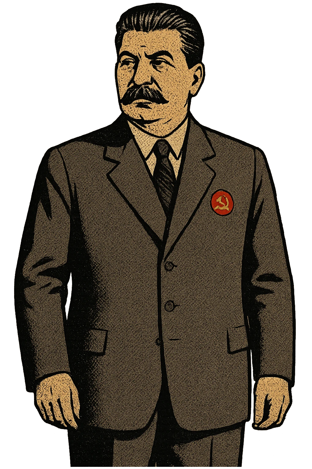 A full body image of a political leader who looks like Joseph Stalin and  who is wearing a suite with a badge of the communist party on his jacket.  He will be looking serious emoji