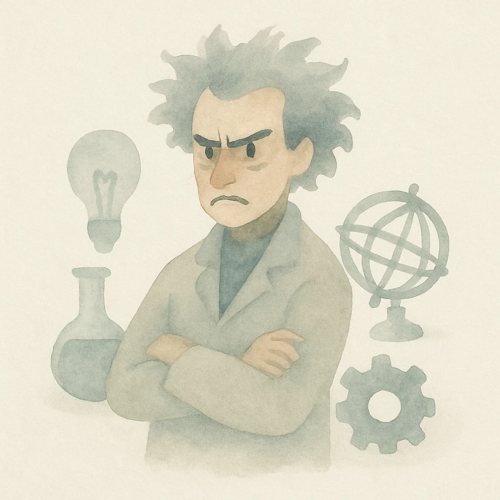 mad genius with wild hair, dramatic lighting, surrounded by inventions, painterly style emoji