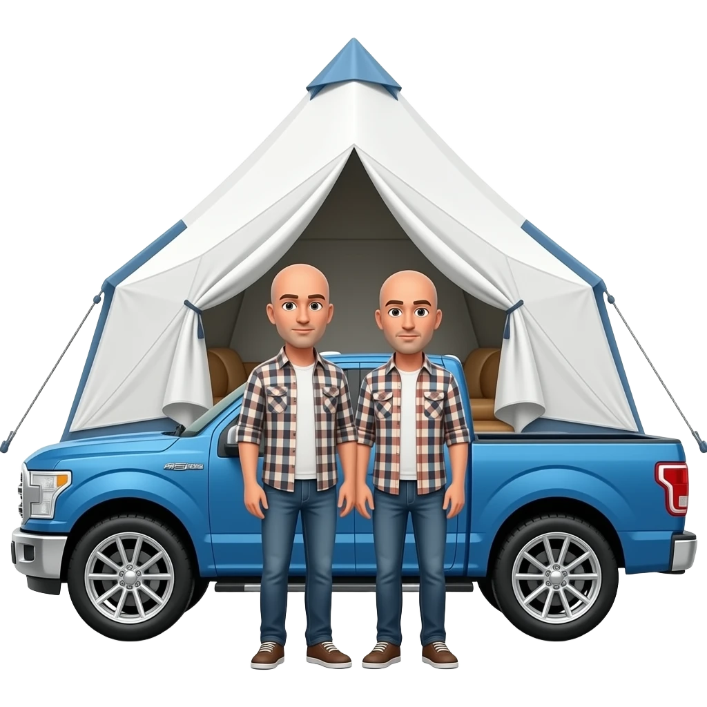 Roof top tent on a F150 with 2 gay bald guys in plaid shirts emoji
