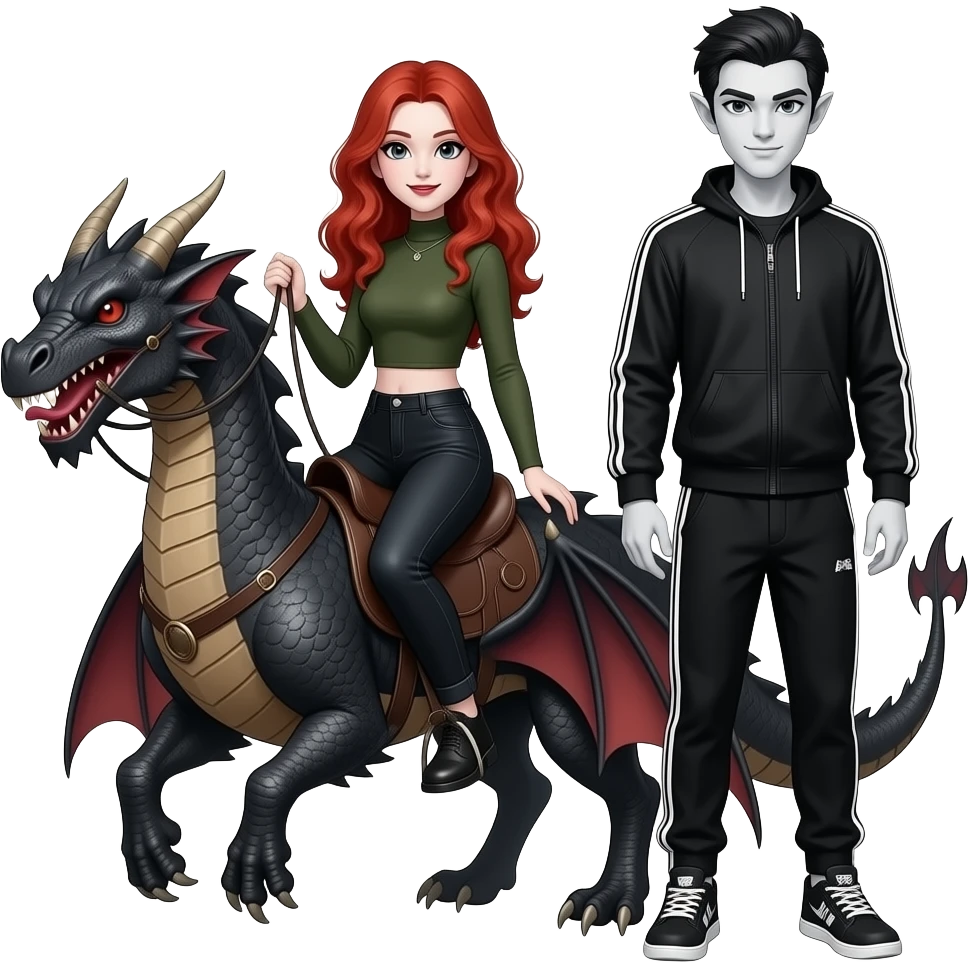 Vampiro adolescente femmina con pelle bianca e capelli rosso ondulati lunghi che indossa dei jeans neri a zampa d' elefante e un top stretto con le maniche lunghe stile militare con suo fratello VAMPIRO maschio con la pelle bianca e una tuta da ginnastica nera che cavalcano INSIEME un drago emoji