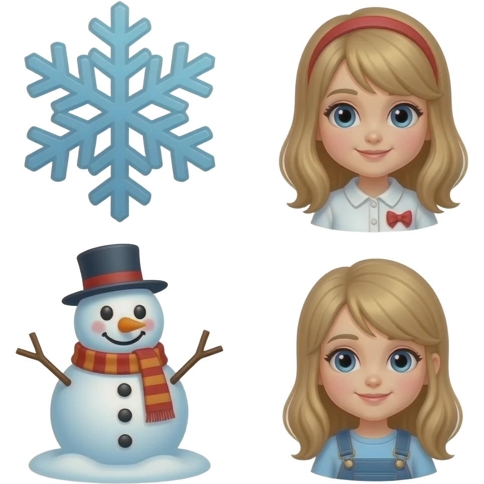 Give me 3 emoj's next to each other. 1. snowflake, 2 girls 3. snowman emoji