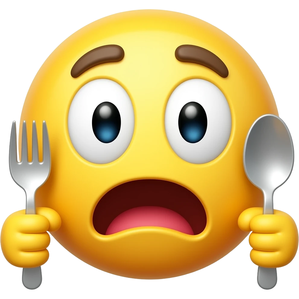 A cute 3D emoji sticker with a very hungry expression, wide eager eyes, open mouth, tiny hands holding a fork and spoon, glossy yellow emoji face, clean white background, soft shadow, high quality, sticker style, no text, no watermark emoji
