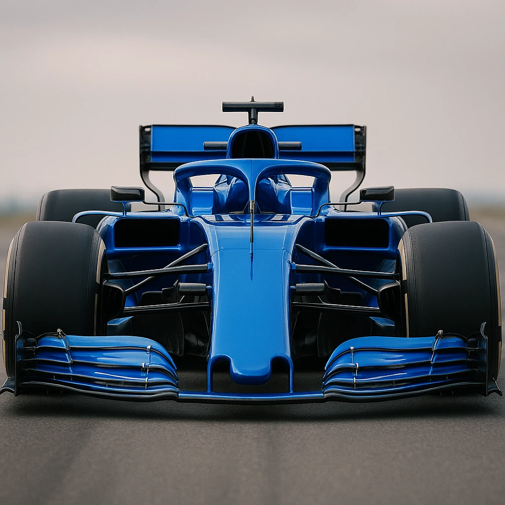 blue F1 racing car, front view, shiny details emoji