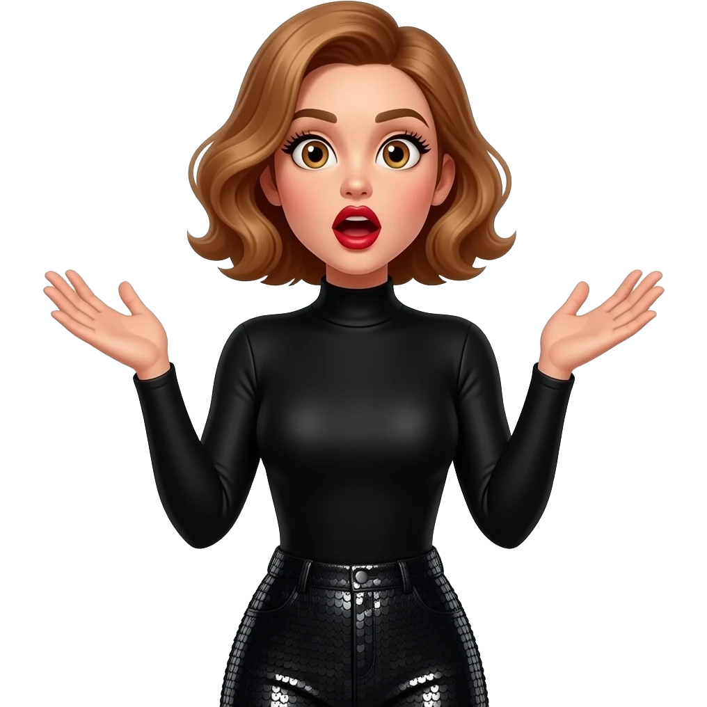 glamours,-tanned,-very-beautiful-woman-with-big-plump-red-lips,-long-lashes,-honey-silky-very short- hair,-wavy-hair,-hazel-eyes- wearing-black-Long-sleeved-bodysuit-black-sequinned-pants-eyes-wide-open-look-of-surprise-and-mouth-open-round-hands-either-side-of-mouth-throwing head back-waist-up emoji