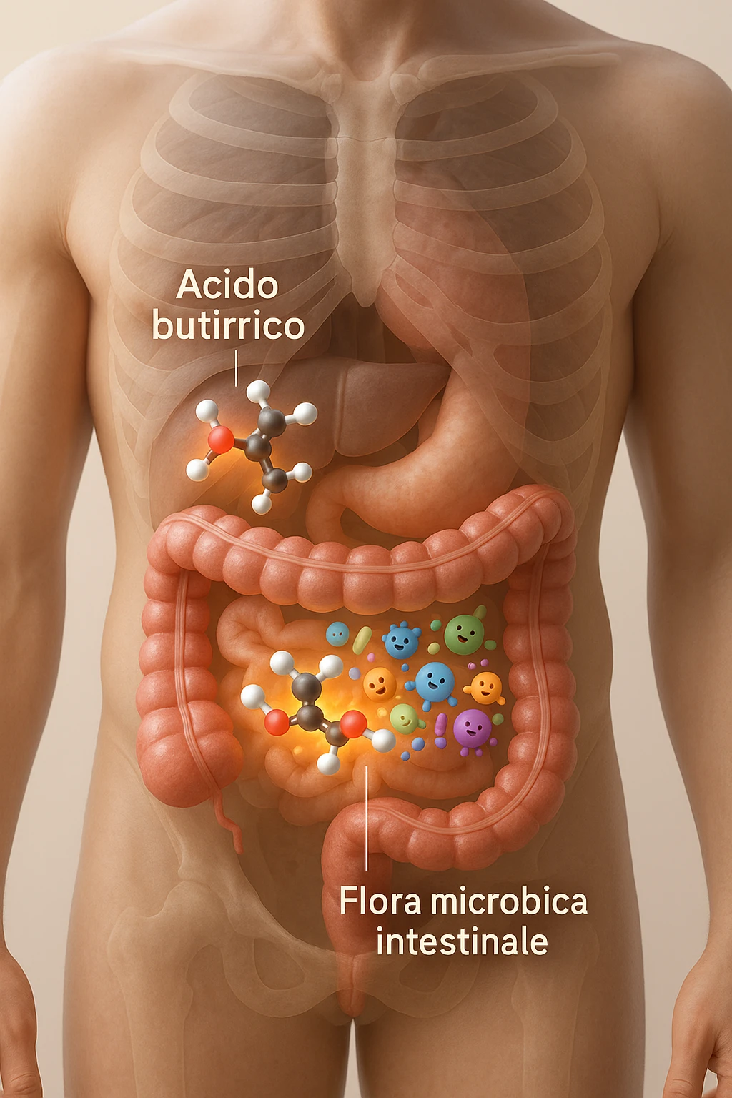 Realistic, vertical 3D medical illustration showing a semi-transparent human torso with a detailed view of the digestive tract, focusing on the large intestine. Inside the colon, glowing 3D molecules of butyric acid (acido butirrico) are visible, depicted as ball-and-stick models (carbon: black/gray, hydrogen: white, oxygen: red). Around the molecules, clusters of diverse, friendly-looking gut bacteria are shown, interacting positively with the butyric acid. The intestinal wall appears healthy and vibrant, with subtle highlights indicating improved gut health. The background is clean and softly lit, with clear educational labels such as “Acido Butirrico” and “Flora microbica intestinale.” The overall mood is scientific, modern, and supportive of gut wellness. emoji