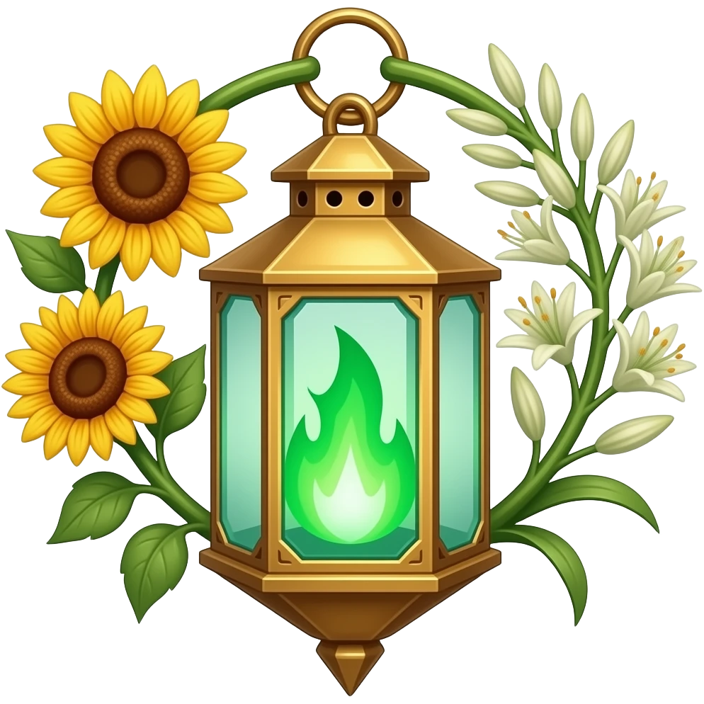 A golden hanging lantern with a bright emerald flames, an empty loop on top, fae themed sunflowers on the left and fully bloomed asphodels on the right as part of the design, but simple focus more on the green flames, paint the glass more green, have its bottom point come to some sort of point emoji