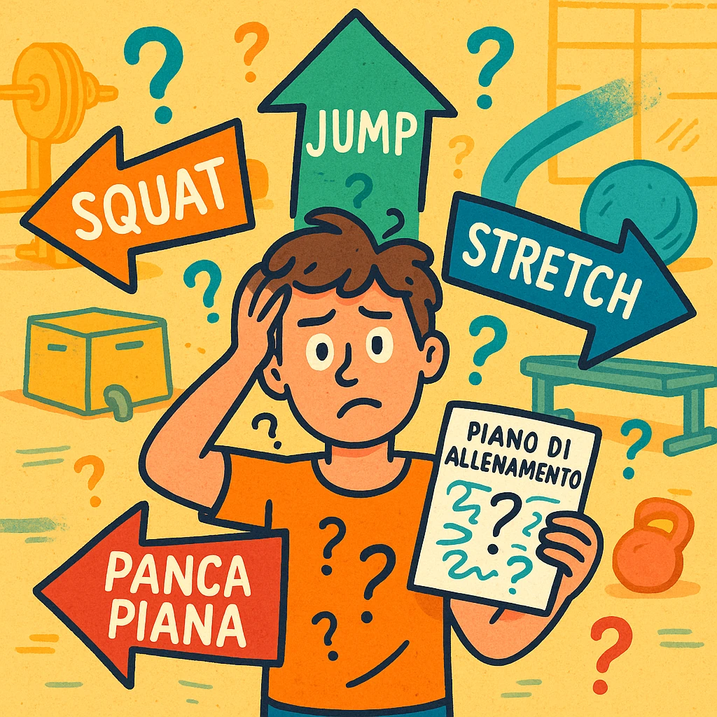 a person stands in the center of a gym, surrounded by arrows pointing in all directions, each labeled with a different exercise (e.g., “squat,” “jump,” “stretch,” “bench press”). The person looks bewildered, holding a workout plan with scribbles and question marks. The scene is colorful but visually messy, symbolizing confusion. in italiano emoji