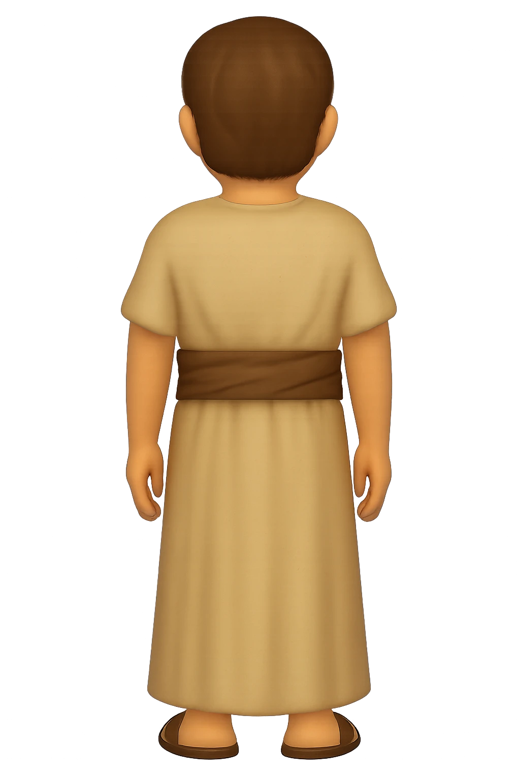 Back view, centered full body, facing away, classic emoji style of apostle Peter with short hair, no hood, arms down by sides, smiling, wearing long sleeve robe with brown sash, no background. emoji